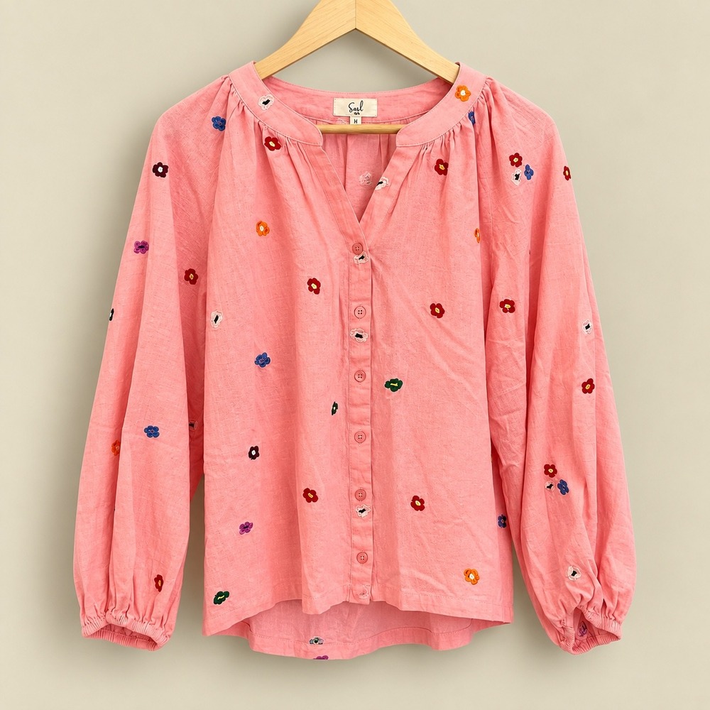 Easel Pink Embroidered Floral Cotton Button Down Blouse Top L Whimsical Fairy